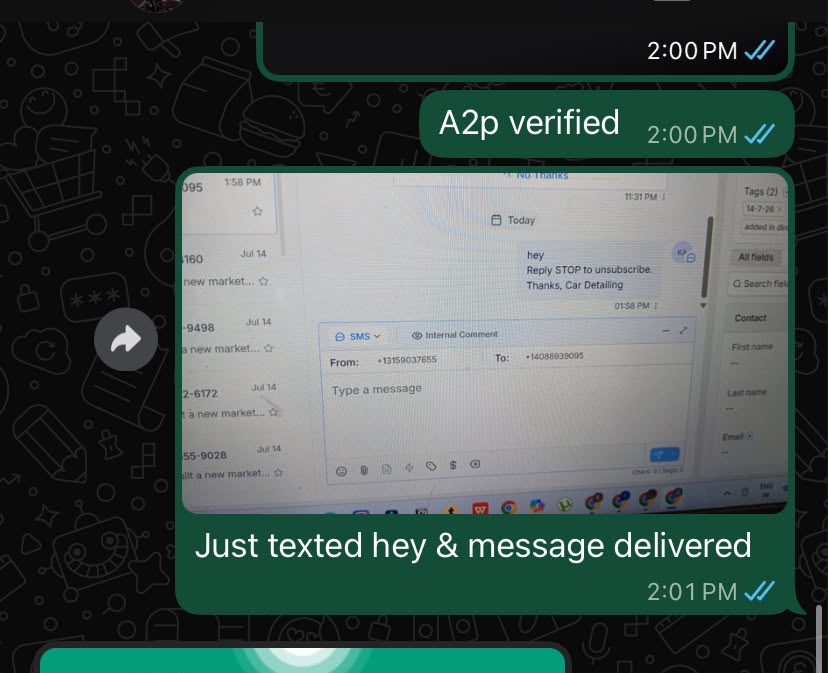 Successful test SMS confirmation