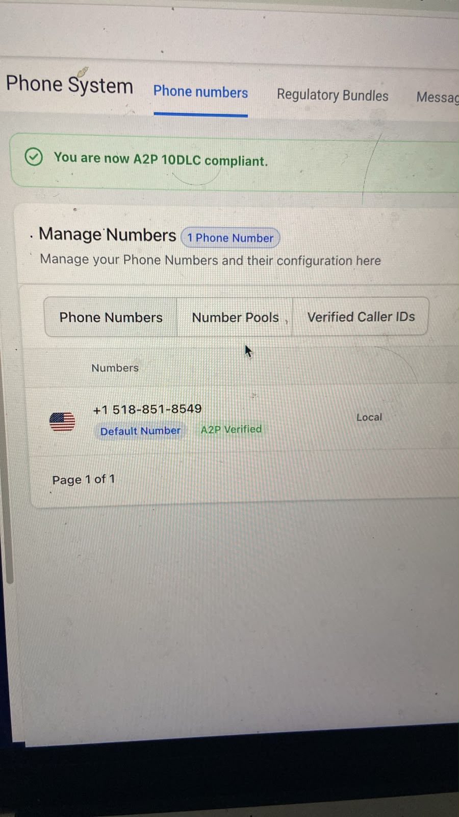 Local number marked A2P verified